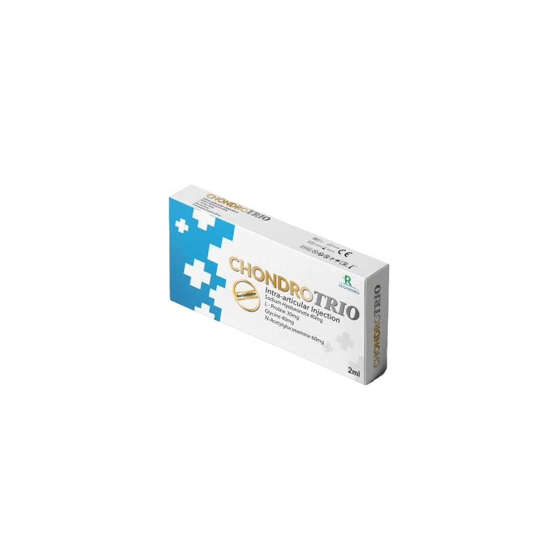 Packaging of ChondroTrio 2ml intra-articular osteoarthritis single injection, featuring a formula with Glycine, L-Proline, N-Acetylglucosamine, and Hyaluronic Acid for superior joint care. The box displays the product name, description, and an illustrative design with blue and white elements.