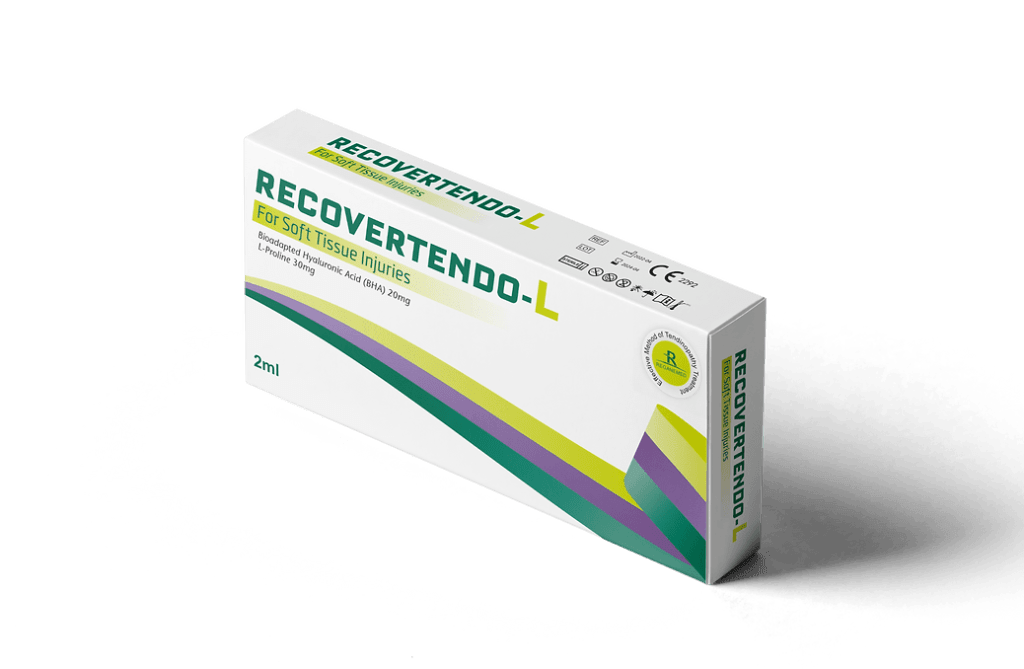 Image of RecoverTendo L, featuring Bioadapted Hyaluronic Acid and L-Proline, designed for effective tendon and joint recovery in the shoulder, elbow, and ankle injection.
