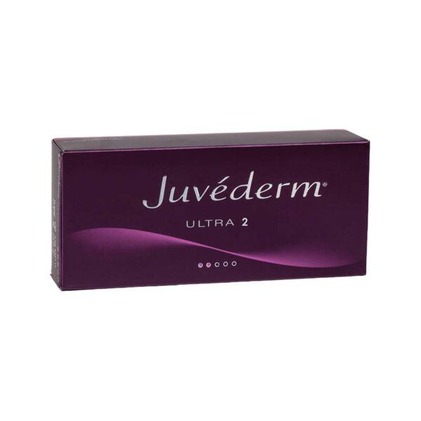 Juvederm Ultra 2 Lidocaine dermal filler packaging, featuring a dark purple box with the product name and branding.