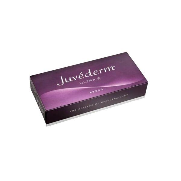 Front view of Juvederm Ultra 2 Lidocaine packaging, displaying the product name on a dark purple box.