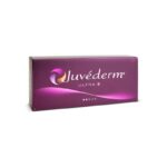 Box of Juvederm® Ultra 2 Lidocaine dermal filler, shown in dark purple packaging with the product name prominently displayed.