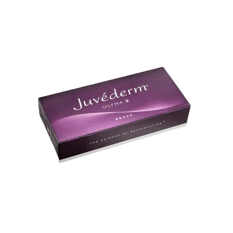 Juvederm Ultra 2 Lidocaine box showcasing the dark purple product packaging and branding.