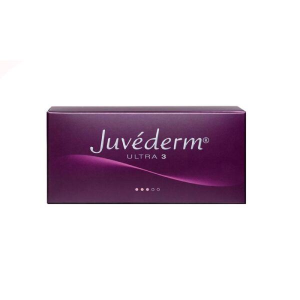 Juvederm Ultra 3 Lidocaine dermal filler packaging, featuring a dark purple box with the product name and branding.