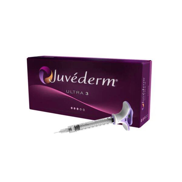 Juvederm Ultra 3 Lidocaine box with an included syringe, showcasing the dark purple product packaging and branding.