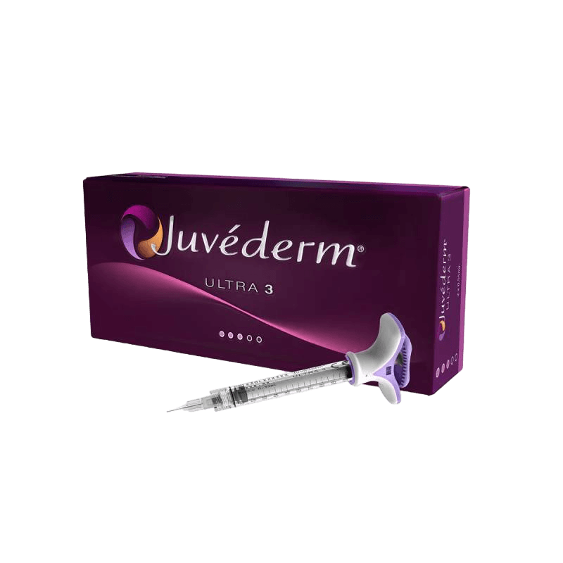 Box of Juvederm Ultra 3 dermal filler with a syringe, shown in dark purple packaging with the product name prominently displayed.