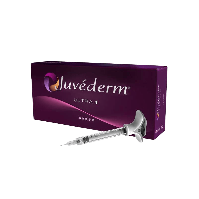 Front view of Juvederm Ultra 4 Lidocaine packaging, displaying the product name on a dark purple box.