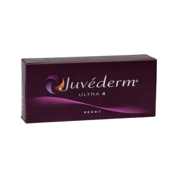 Juvederm Ultra 4 Lidocaine dermal filler packaging, featuring a dark purple box with the product name and branding.