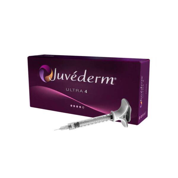 Juvederm Ultra 4 Lidocaine box showcasing the dark purple product packaging and branding.