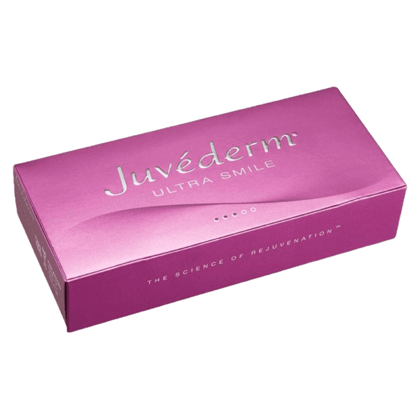 Box of Juvederm Ultra Smile dermal filler, shown in pink packaging with the product name prominently displayed.