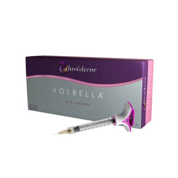 Juvederm Volbella Lidocaine box with an included syringe, showcasing the product packaging and branding.