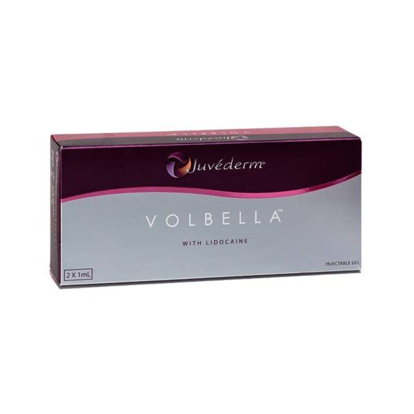 Box of Juvederm Volbella Lidocaine dermal filler, shown in sleek packaging with the product name prominently displayed.