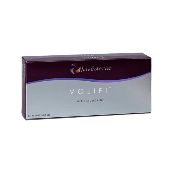 Box of Juvederm Volift Lidocaine, showcasing the product name and sleek packaging design.