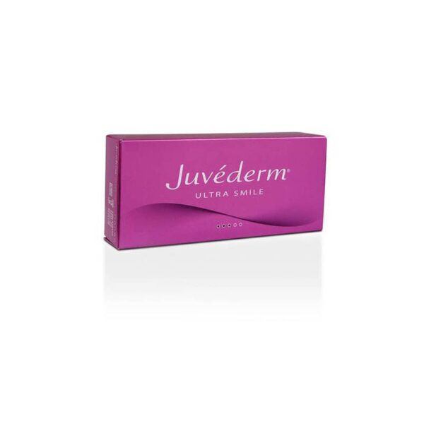 Juvederm Ultra Smile Lidocaine dermal filler packaging, featuring a pink box with the product name and branding.