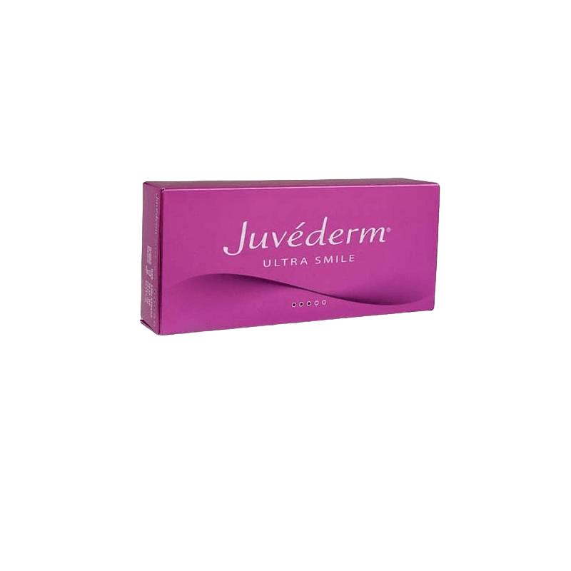 Assorted Juvéderm® dermal fillers for wrinkle reduction, facial volume restoration, and lip enhancement, displayed in elegant packaging.